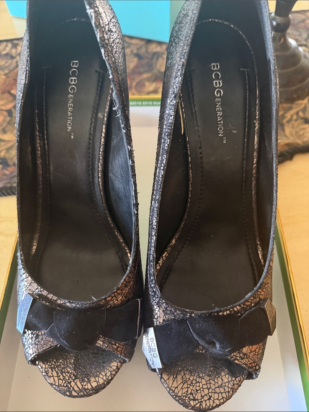 BCBGeneration Black Metallic Crackle Peep-Toe Heels with Bow